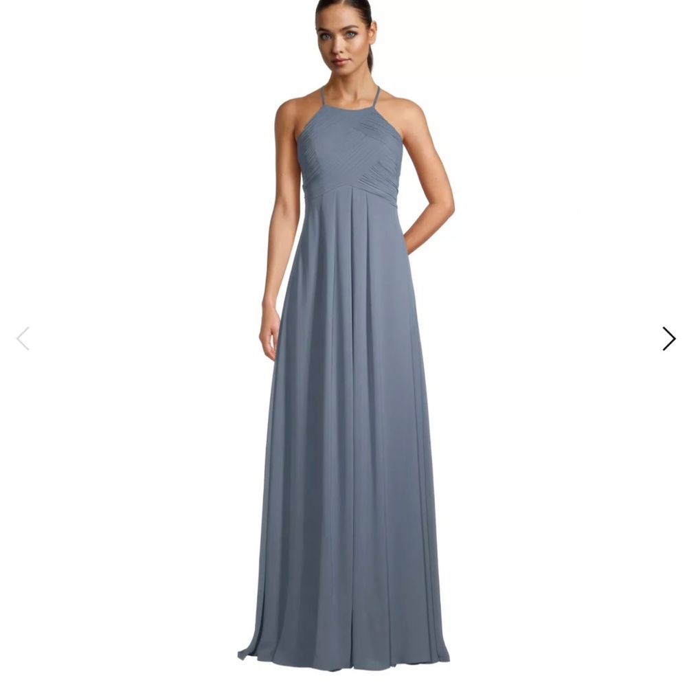 Slate blue Bill Levkoff bridesmaid dress